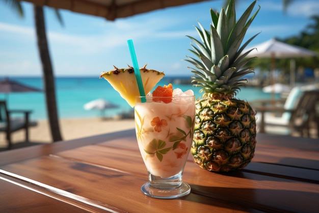 Летний пина-колада коктейль в стакане на столе в тропическом курорте