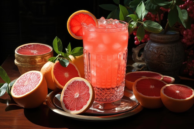 Summer pink cocktail with grapefruit on dark background Generative AI content