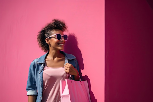 Summer pink fashion of girl or women happy girl with shopping bag and sunglass in pink wall pink girl trendy fashion at summer