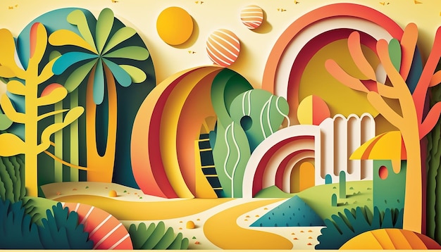 Summer playground illustration in paper cut style Generative AI