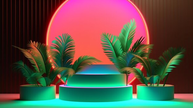 Photo summer podium backdrop with tropical leaves and neon beautiful beauty fashion podium backdrop great design for any purposes exhibition stand minimal scene neon growing color