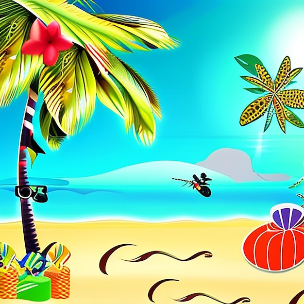 Summer podium display pile of sand flowers coconut tree beach umbrella beach chair poster