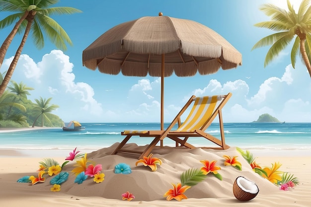 Summer podium display pile of sand flowers coconut tree beach umbrella beach