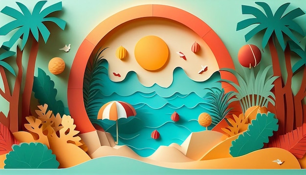 Summer pool background in paper cut style Generative AI