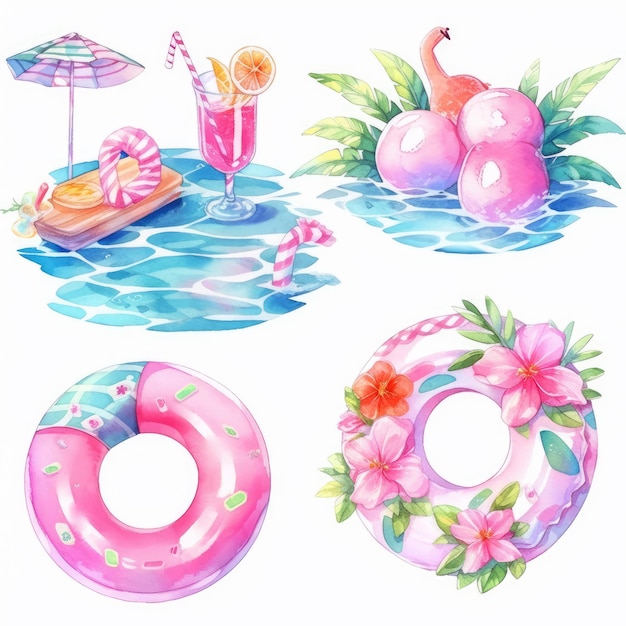 Photo summer pool clipart watercolor pencil sketch on white background