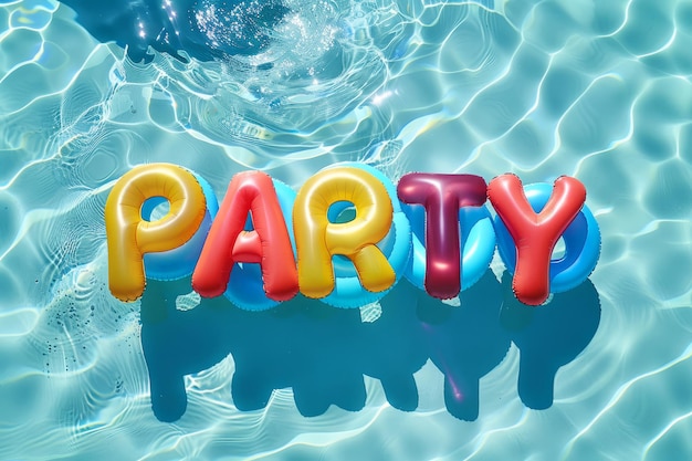 Summer pool party overhead view of a swimming pool with the word party written in pool floats