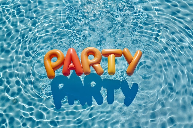 Photo summer pool party overhead view of a swimming pool with the word party written in pool floats