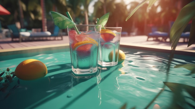 Summer pool party with cocktails Illustration AI GenerativexA