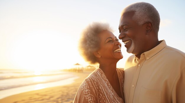 Photo summer portrait of happy smiling mature black american couple standing together on sunny coast