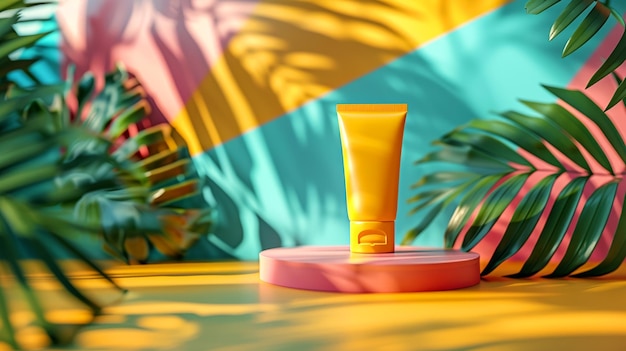 Foto pubblicità di prodotti estivi con un banner di protezione solare con un tubo giallo