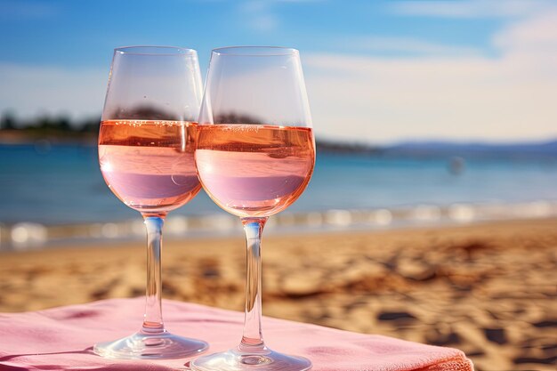 Summer in provence two glasses of cold wine on sandy beach near saint tropez