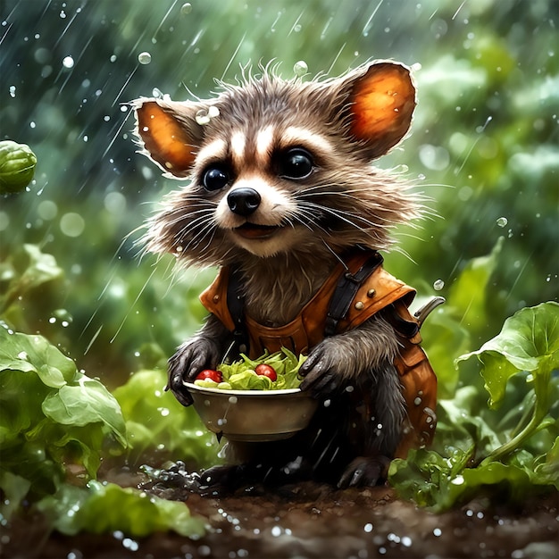 Summer Rain Enchantment Whimsical Watercolor Journey with a Playful Raccoon