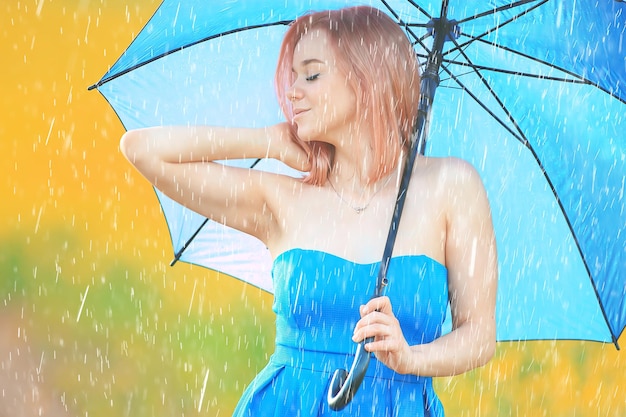 summer rain field girl flowers, beautiful young lady in spring field with flowers happiness freedom