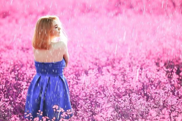 summer rain field girl flowers, beautiful young lady in spring field with flowers happiness freedom