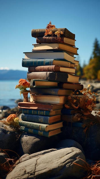 Foto lettura estiva sulla pila di libri della costa e sfondo verticale per dispositivi mobili sullo splendore scenico della costa
