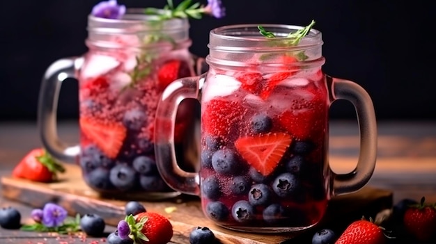 Summer refreshing drink Berry drink with crushed ice and thyme Strawberry and blueberry lemonade Generative AI