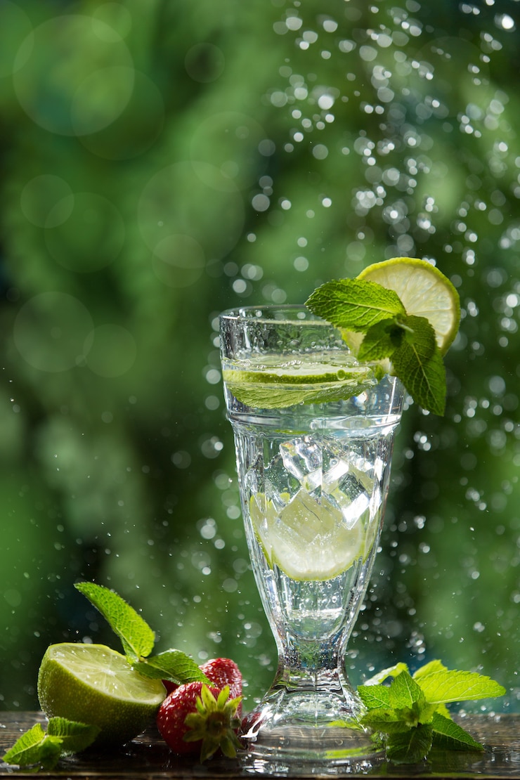 Photo summer refreshing drink in a tall glass with lime, mint and ice, splashes of water