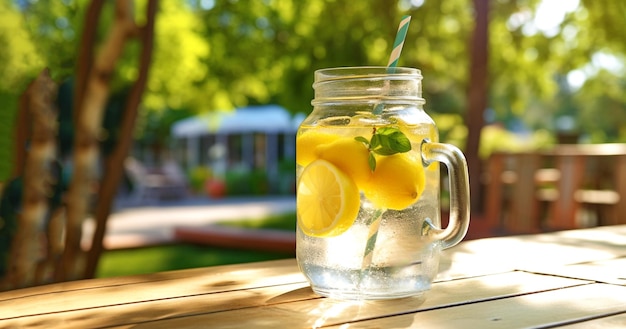 Summer refreshing lemonade drink or alcoholic cocktail with ice and lemon slices on wooden table