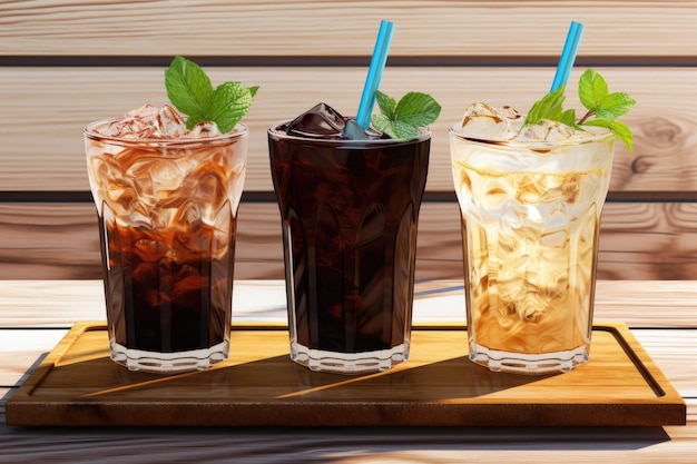 Summer refreshment beverages with a chocolate flavor served chilled in a cafe against a backdrop of