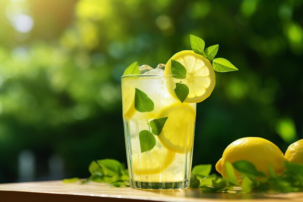 Summer Refreshment Dewy Glass of Lemonade with Fresh Lemon Slice