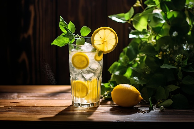 夏のリフレッシュ デューイ・グラス・オブ・レモネードと新鮮なレモンのスライス