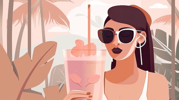 Photo summer resort illustration of woman in sunglasses and swimsuit holding juice with tropical foliage in the background generative ai