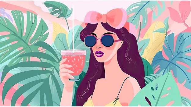 Summer resort illustration of woman in sunglasses and swimsuit holding juice with tropical foliage in the background Generative AI