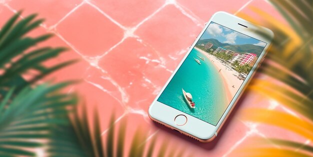 Foto vacanza in località estiva con foto dell'oceano e dell'hotel sul display del telefono come poster pubblicitario