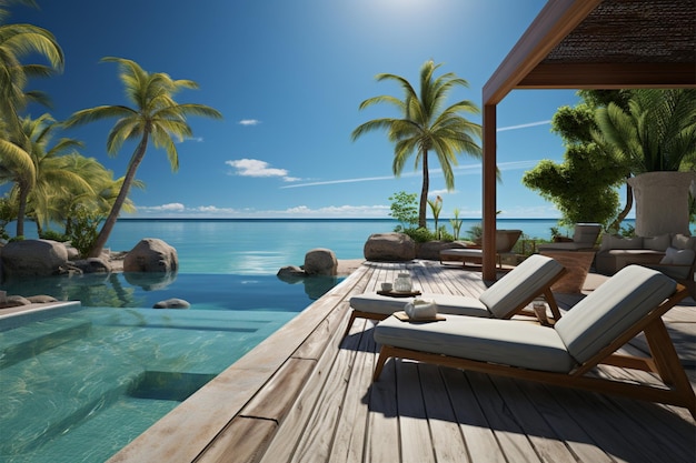 여름 휴양 판매 3D 템플릿은 해변 요소와 초대하는 수영장 장면을 표시합니다.