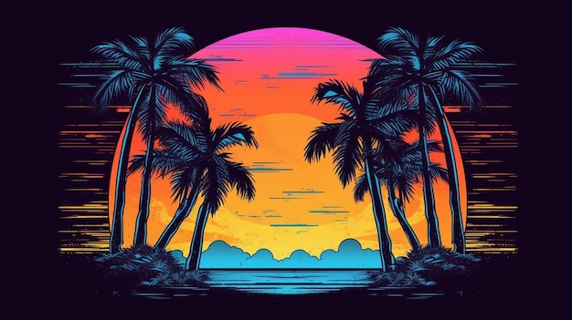 Summer retro wave background with palms for Tshirt graphic Generative AI