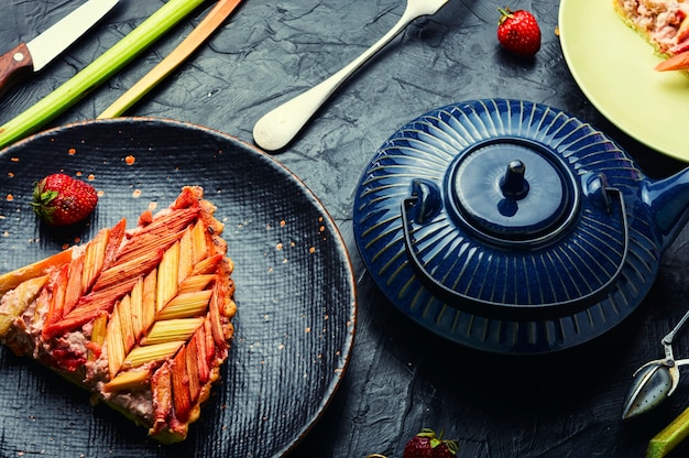 Summer rhubarb pie.Tea party with cake.Classic rhubarb pie or tart.