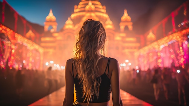 Summer Rhythms Young Woman Dancing at a Vibrant Music Festival