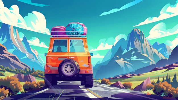 Photo a summer road trip by car during the summer holidays a vacation journey in a car with bags on top a vehicle going along the highway in the mountains on a sunny day cartoon modern illustration