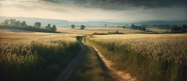 畑のある夏の田舎の自然風景 AI 生成画像