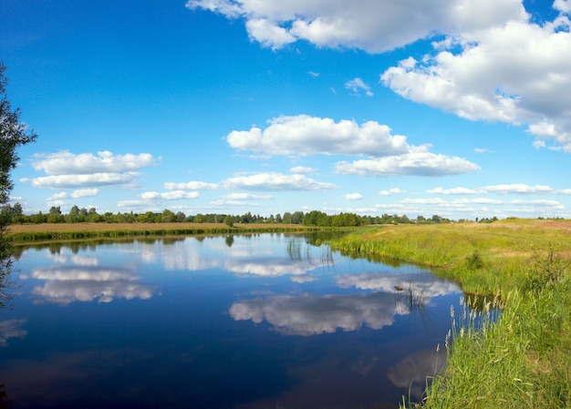 Summer rushy lake panorama view with clouds reflections. Three shots composite picture.