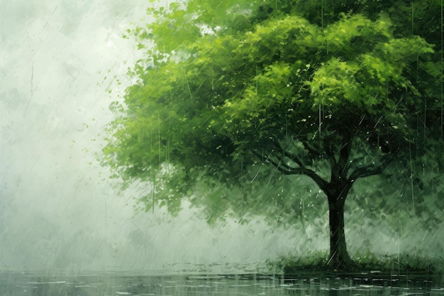 Summer s green tree stands beneath pouring rain