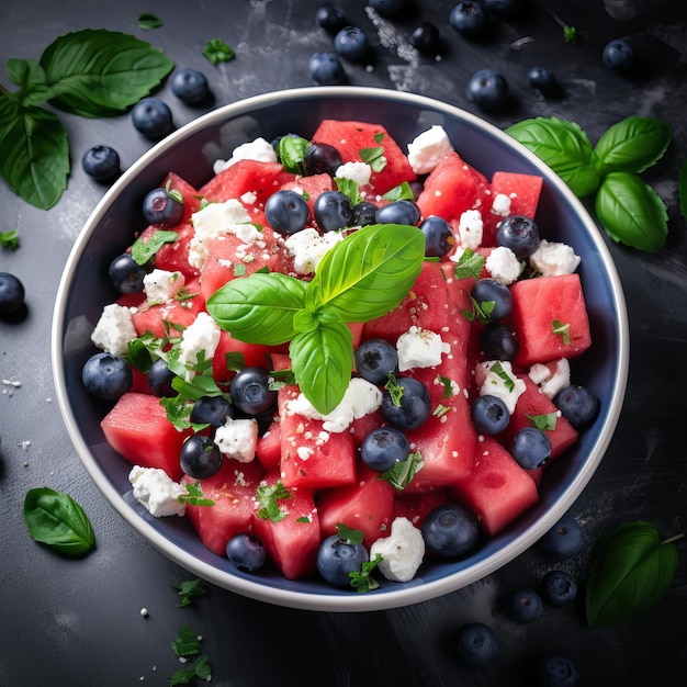 Summer salad with watermelon feta cheese and blueberry