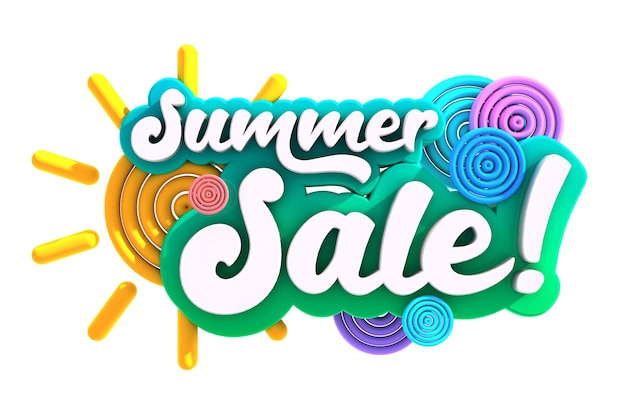 Summer sale banner with cartoon sun. 3d rendering sign isolated