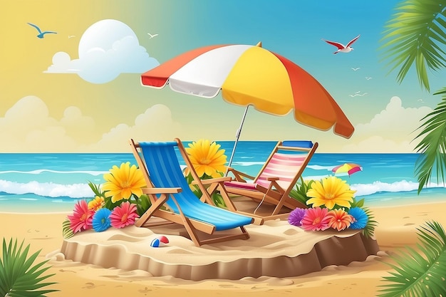 Summer sale podium display pile of sand flowers beach umbrella beach chair