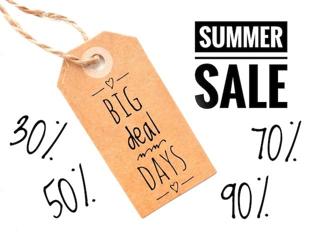 Photo summer sale poster with brown price tag and text deal days with big discount concept