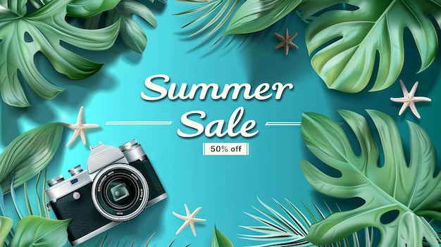 Summer Sale promotional banner with tropical leaves starfish and vintage camera