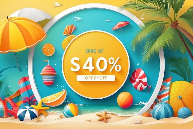 Summer sale vector banner design for promotion with colorful beach elements behind whit