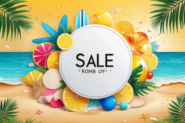 Summer sale vector banner design for promotion with colorful beach elements behind whit