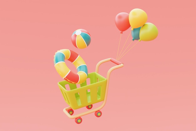 Summer sale with colorful summer beach elements and shopping cart3d rendering