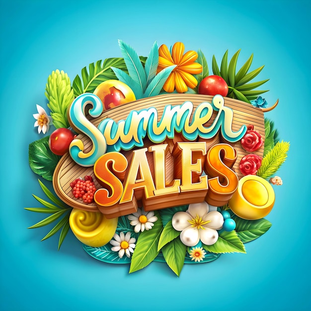 Photo summer sales banner illustration on blue background with the decoration of plants and fruits