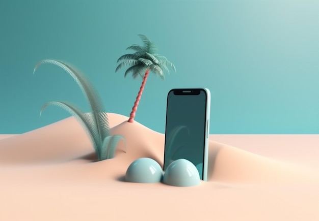 Summer sand mock sea concept up holiday creative phone palm cyber Generative AI