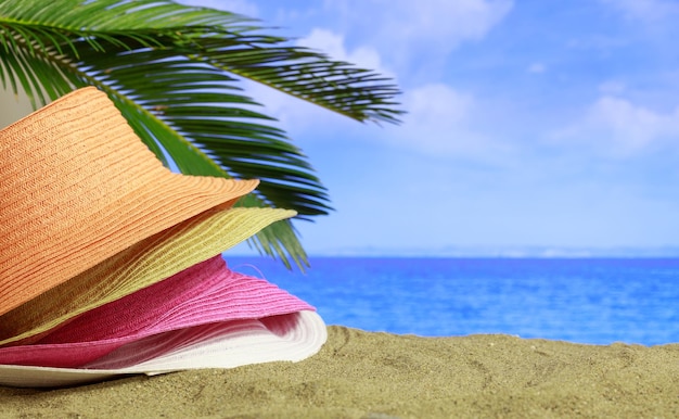 Летний песчаный пляж Разнообразие соломенных шляп и копировального пространства