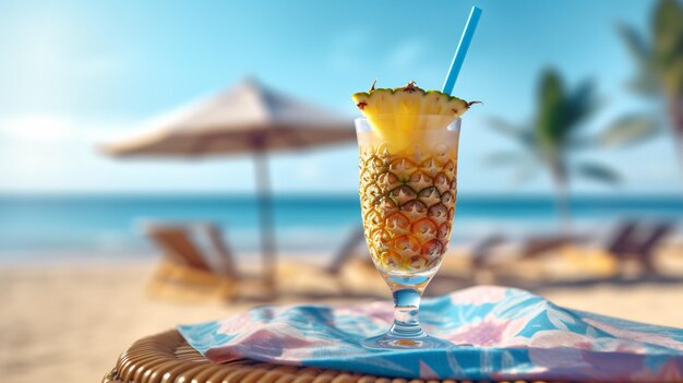 Летний песчаный пляж с ананасовым напитком в коктейльном бокале на деревянной пробке и сцене песчаного пляжа