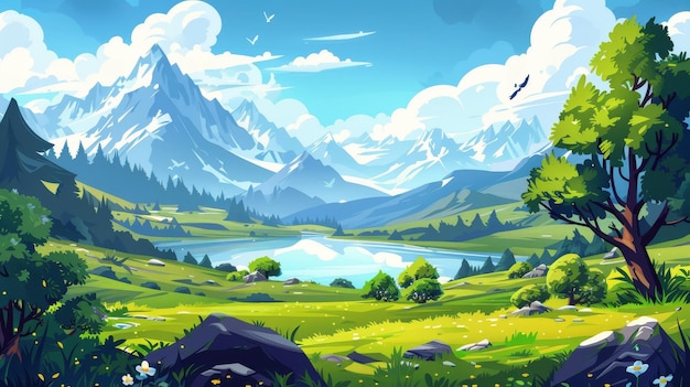 Летняя сцена с зеленой травой, снегом, камнями на горизонте, горным долиной, ландшафтом с озером, деревьями и полями.