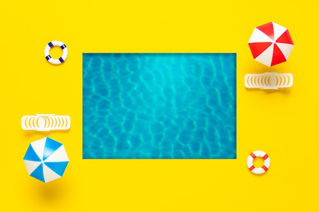 Summer scene with swimming pool sun umbrella and sunbed Minimal summer holiday concept background
